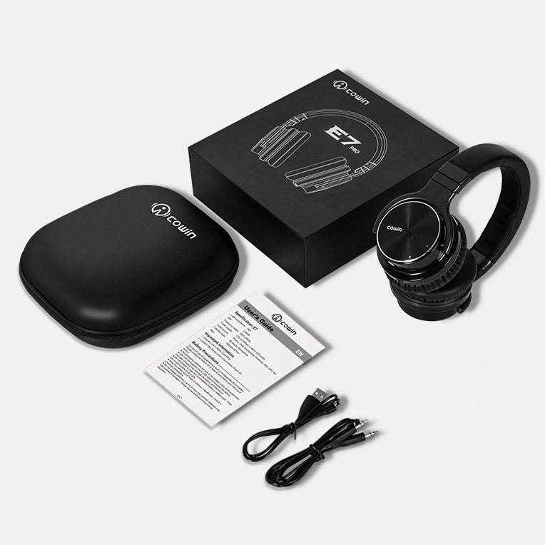 Cowin E7 Pro: Wireless Bluetooth Headphones with a sleek design, user guide, and accessories for premium sound.