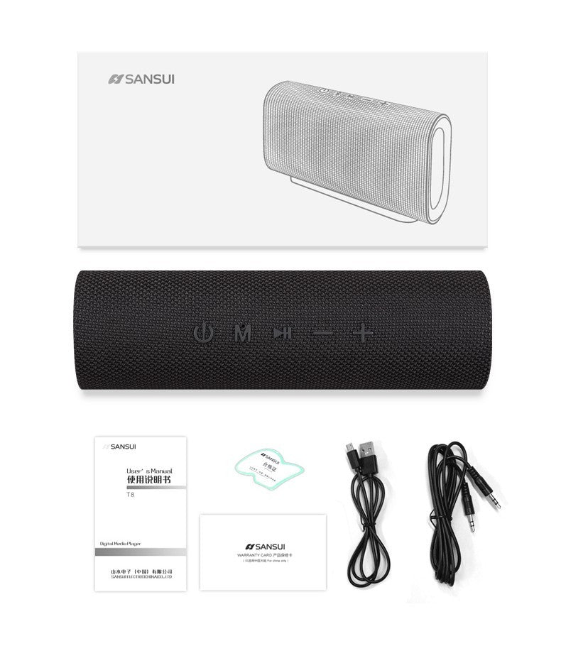 SANSUI Wireless Bluetooth Speaker with subwoofer, USB charging, and 8-hour playtime, ideal for general use.